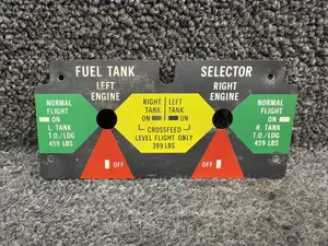 2570069-1 (Alt: 2505004-1) Cessna T303 Fuel Selector Placard